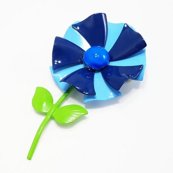 Vintage 1960s Blue Enamel Flower Brooch Green Stem Pinwheel Mod Floral Jewelry - Picture 2 of 8